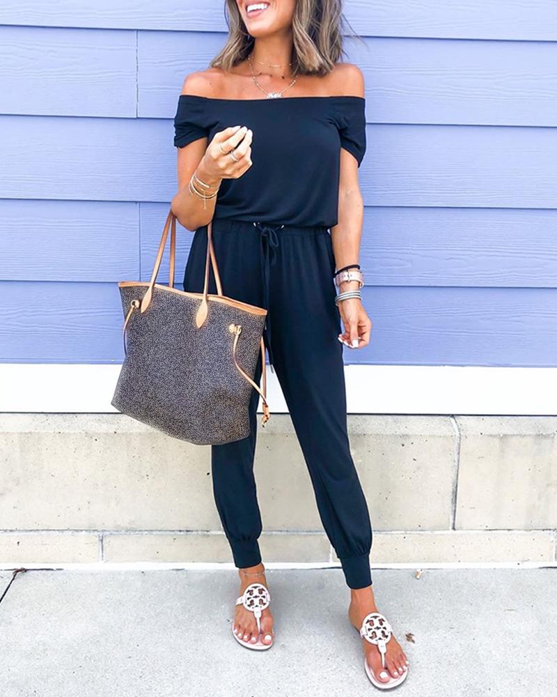 

Solid Off Shoulder Short Sleeve Drawstring Jumpsuit, Black