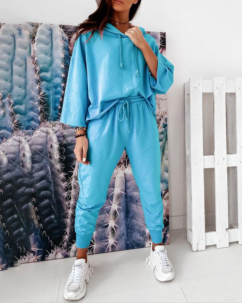 

Hooded Casual Top & Drawstring Pants Set, Blue