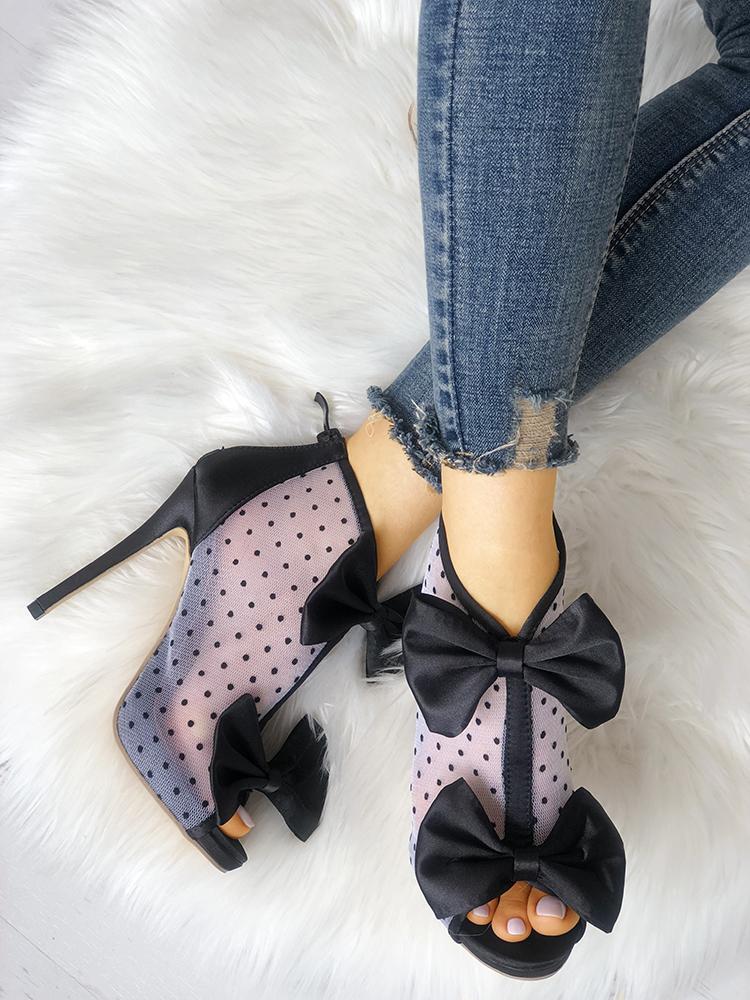 

Mesh Dots Bowknot Zipper Thin Heeled Sandals