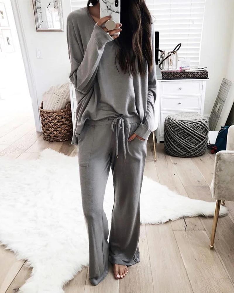 

Plain Long Sleeve Top & Drawstring Pants Set, Gray