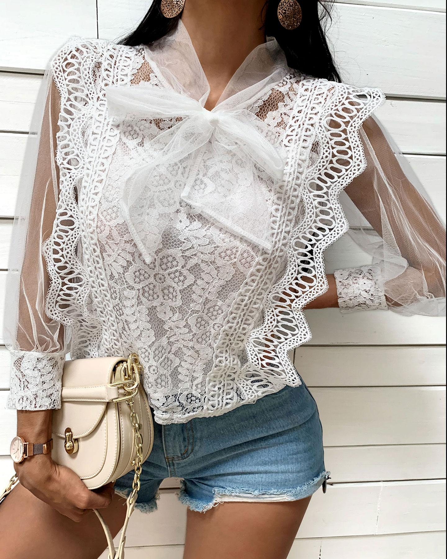 

Crochet Lace Sheer Mesh Knotted Top, White
