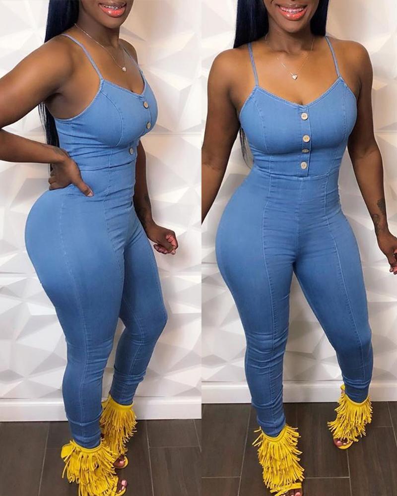 

Button Design Spaghetti Strap Jumpsuit, Blue