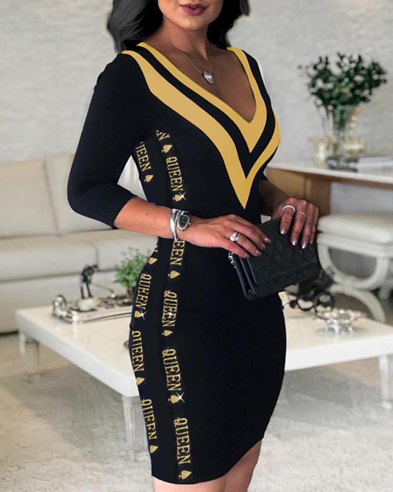 

Colorblock Letter Print Bodycon Dress, Black