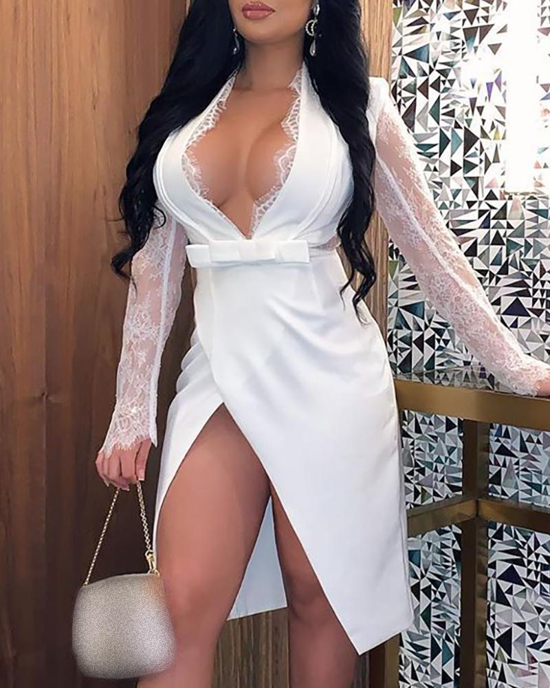 

Eyelash Lace Sheer Mesh Slit Dress, White