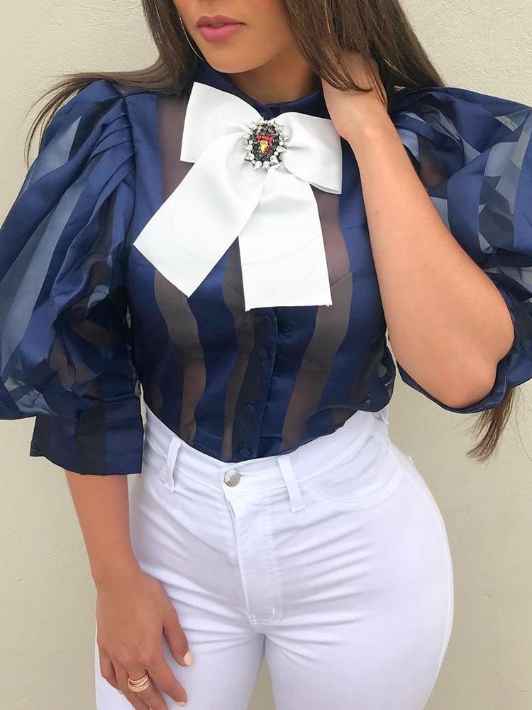 

Sheer Mesh Stripes Bow Front Blouse, Blue