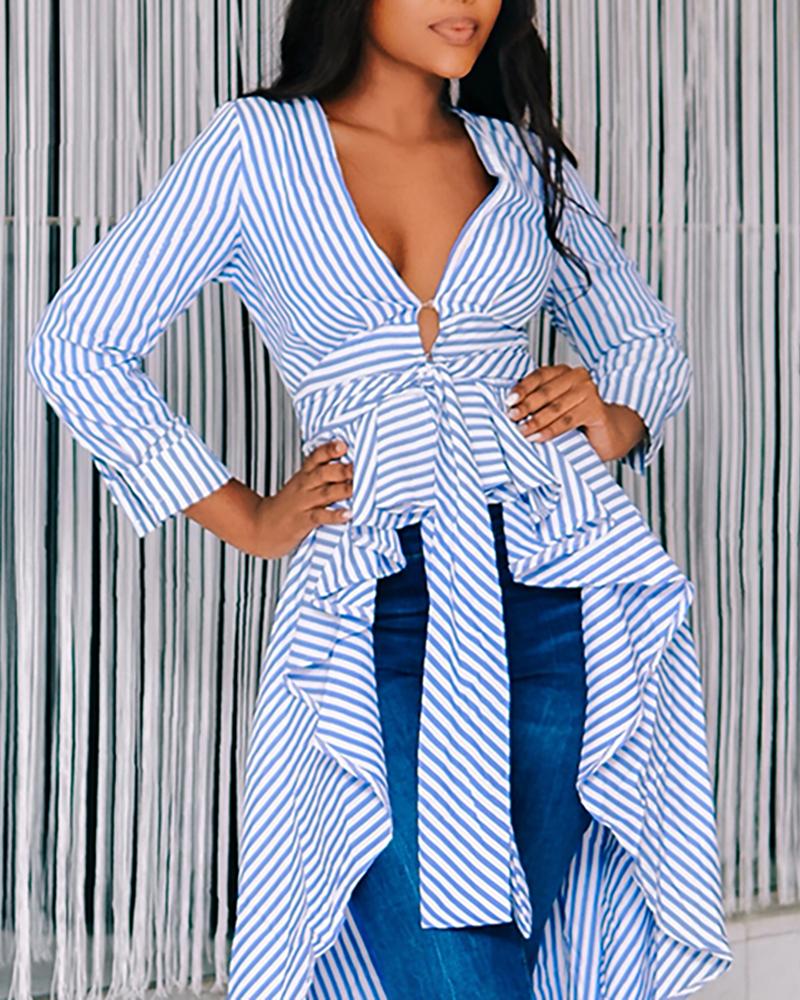 

Striped Tied Front Dip Hem Shirt, Blue