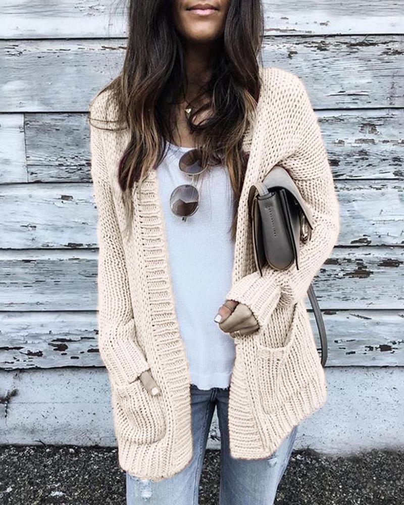 

Solid Long Sleeve Open Front Pocket Cardigan, Beige