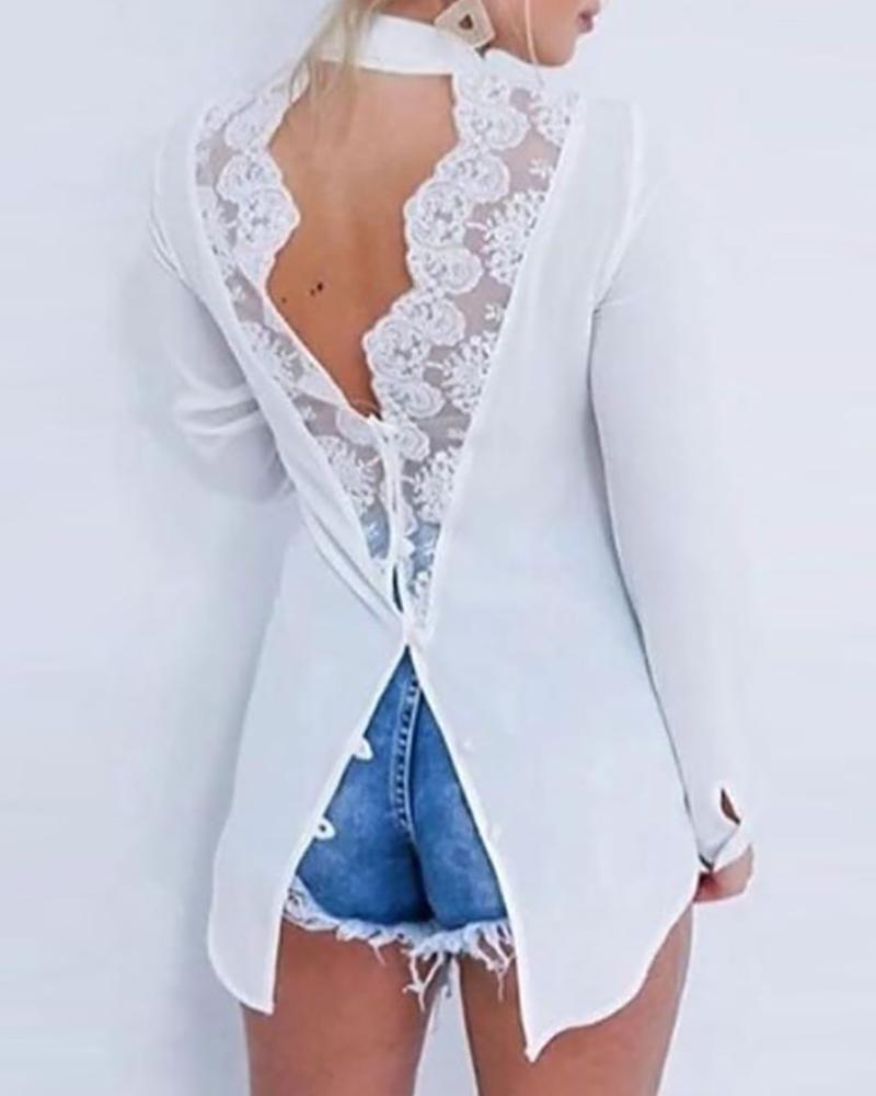 

Slid Backless Eyelash Lace Shirt, White