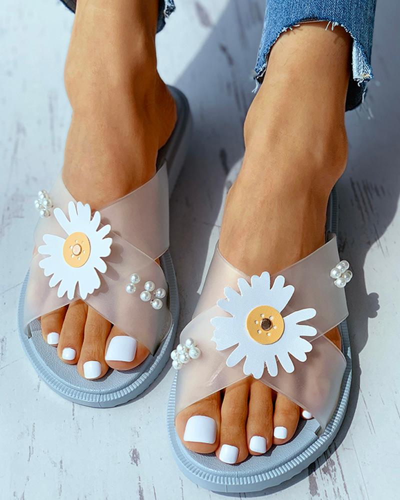 

Daisy Pattern Beaded Transparent Flat Sandals, Gray