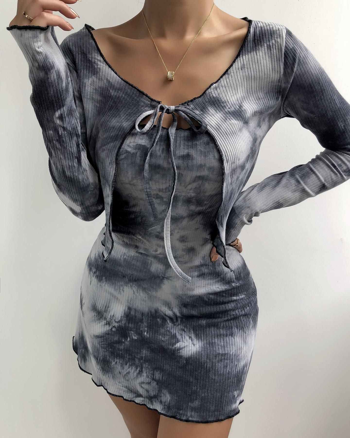 

Tie Dye Print Bodycon Dress & Coat Set, Gray
