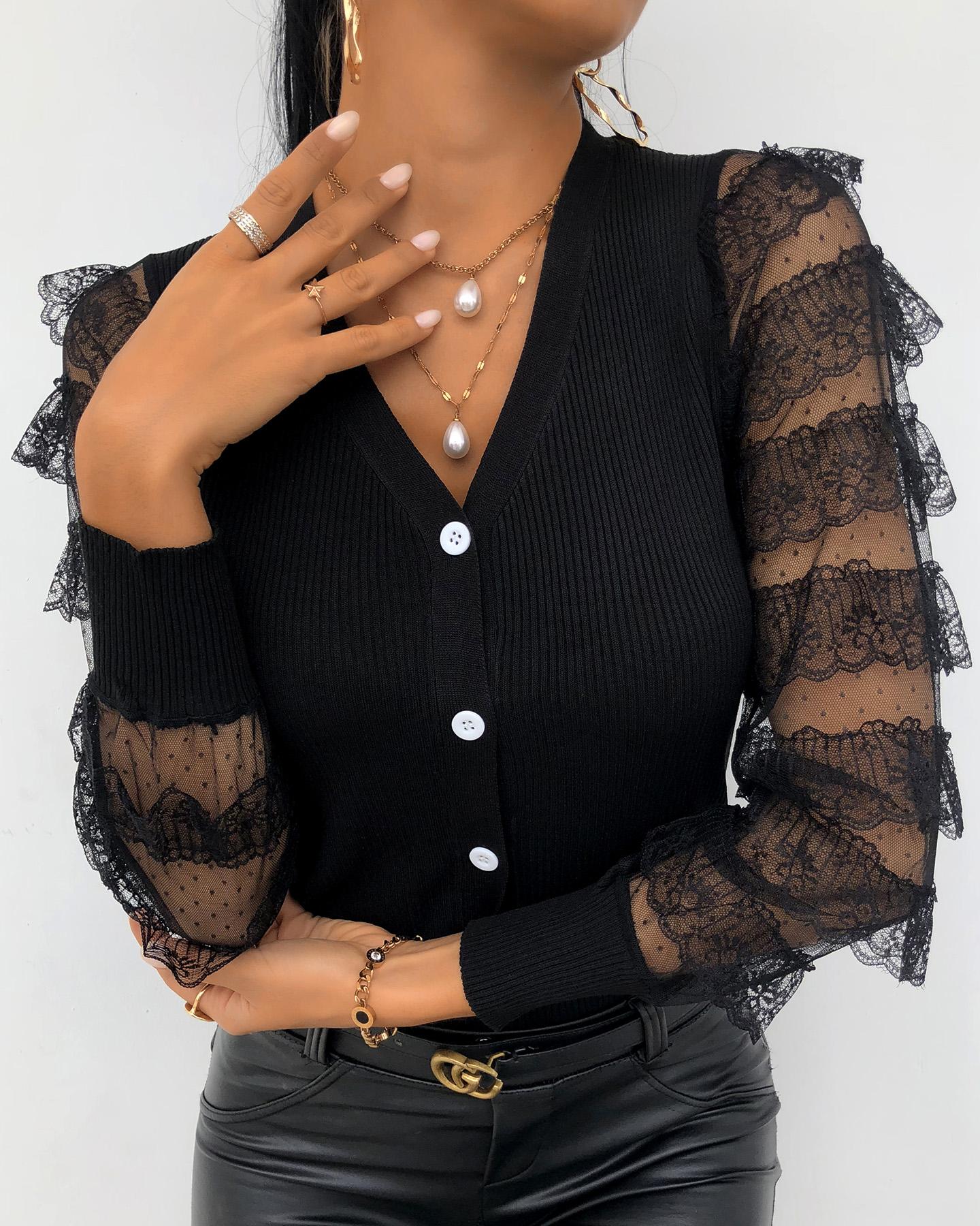 

Sheer Mesh Lace Lantern Sleeve Button Front Top, Black