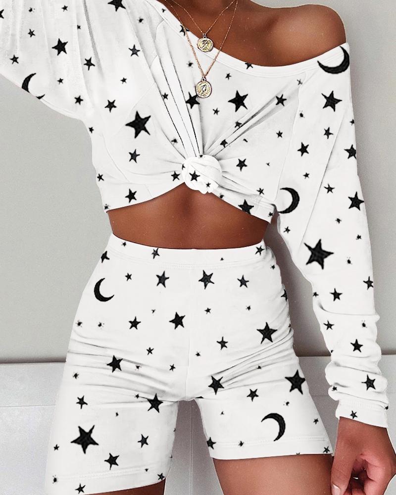 

Star Moon Print Casual Top & Short Set, White