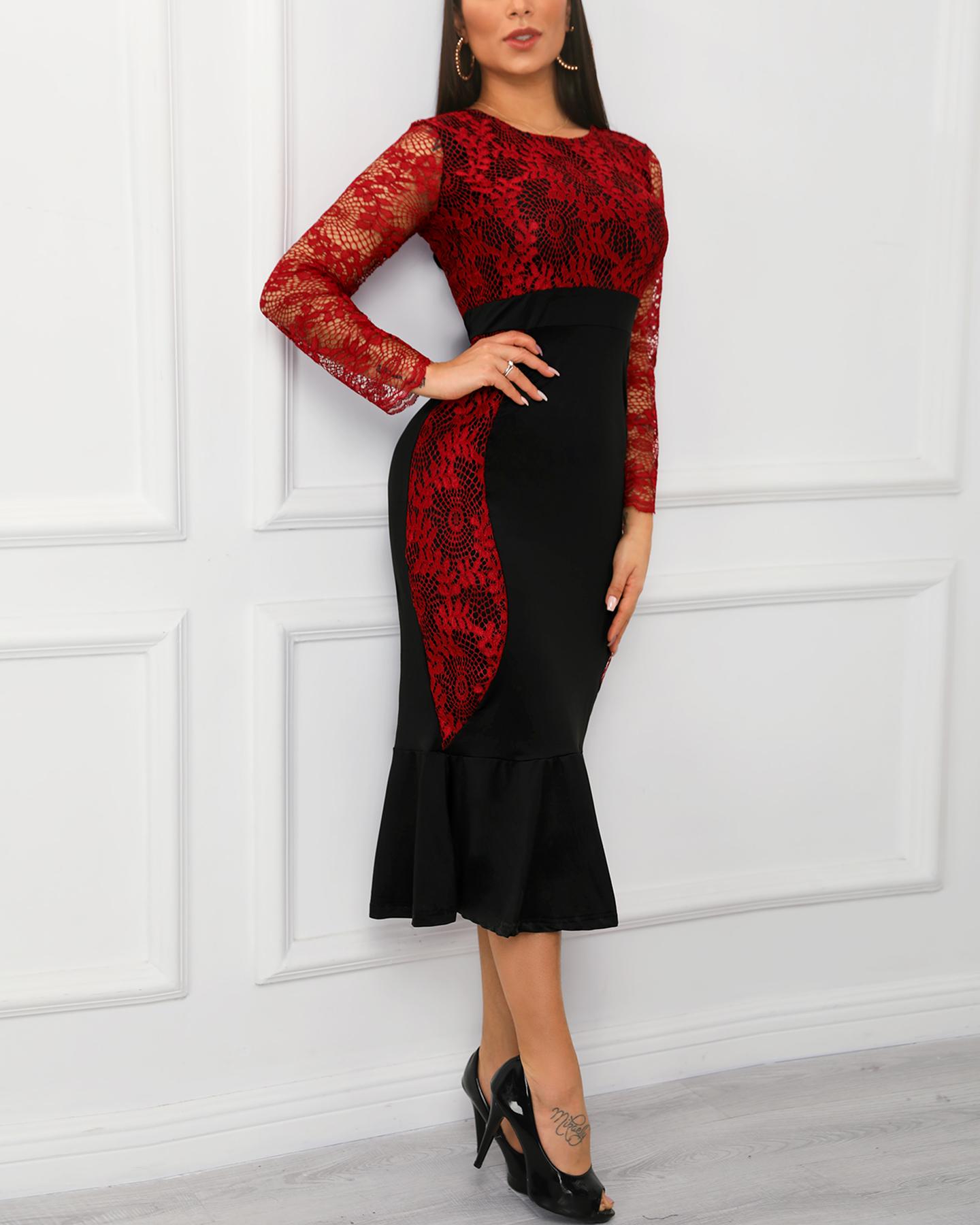 

Lace Top Fishtail Midi Dress, Red