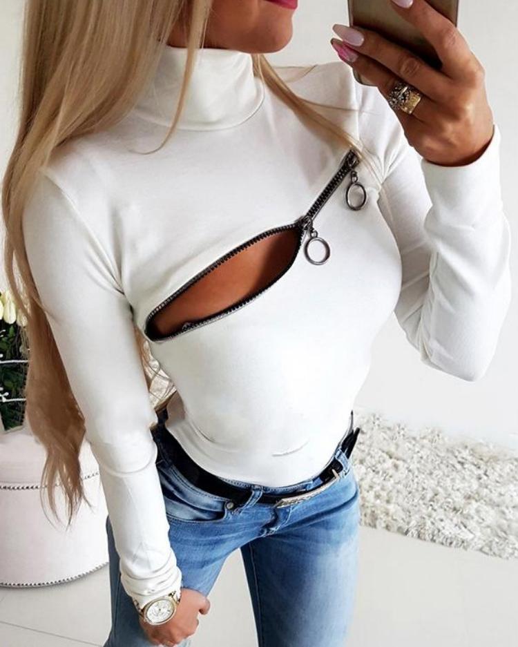 

Zipper Detail High Neck Top, White
