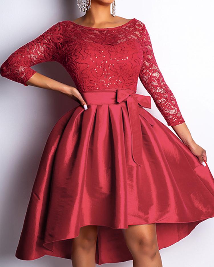 

Lace Bodice Irregular Hem Belted Dress, Red