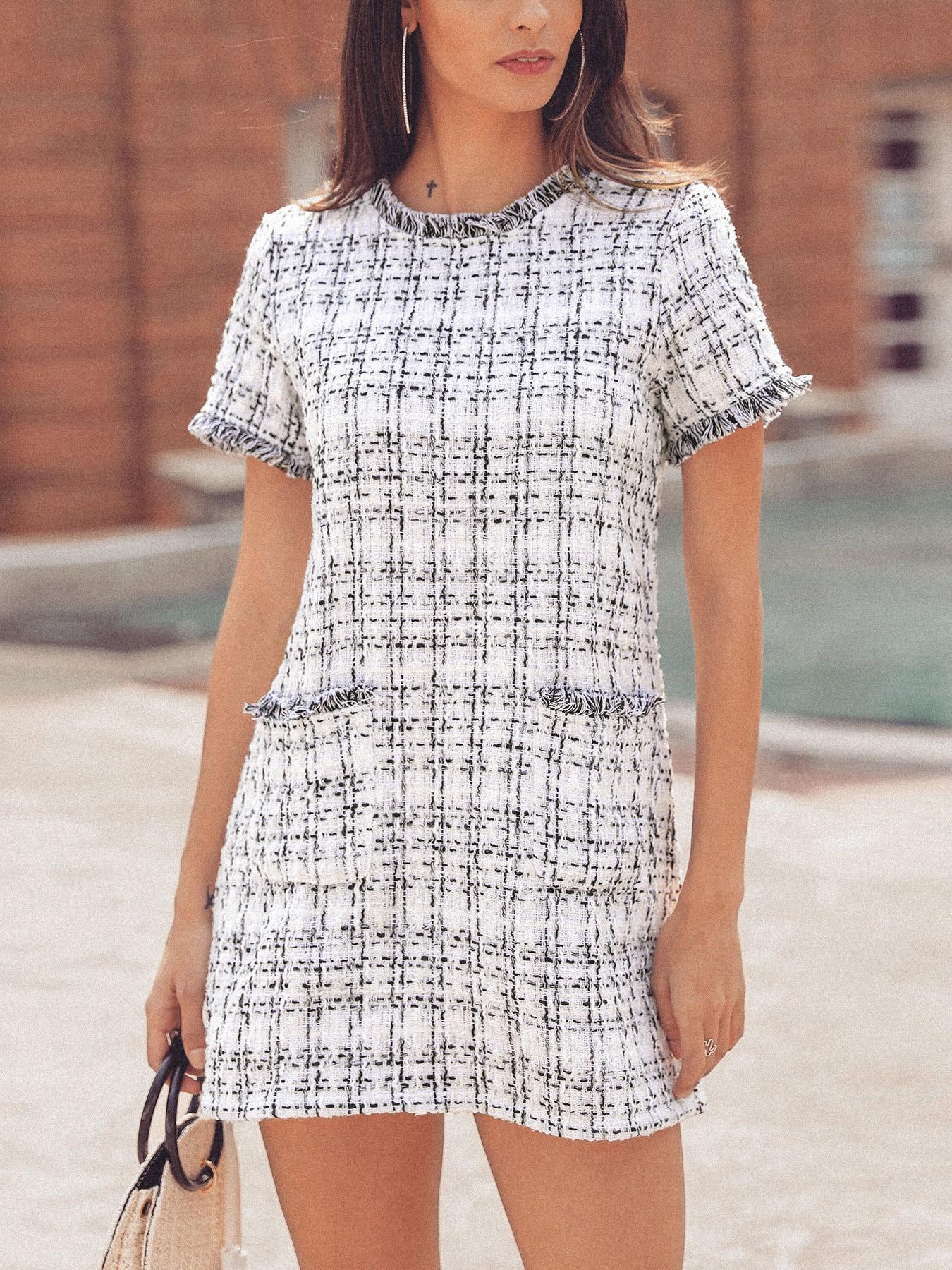 

Short Sleeve Pocket Design Tweed Dress