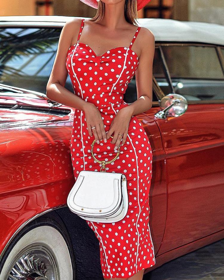 

Dots Print Ruched Sweetheart Midi Dress, Red