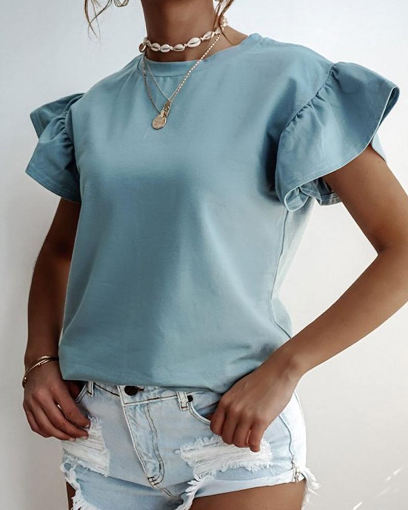 

Round Neck Ruffle Sleeve Top, Sky blue