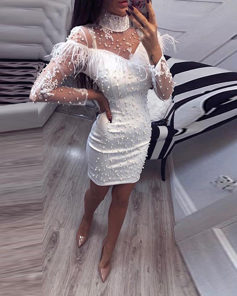 

High Neck Studded Mesh Mini Dress, White