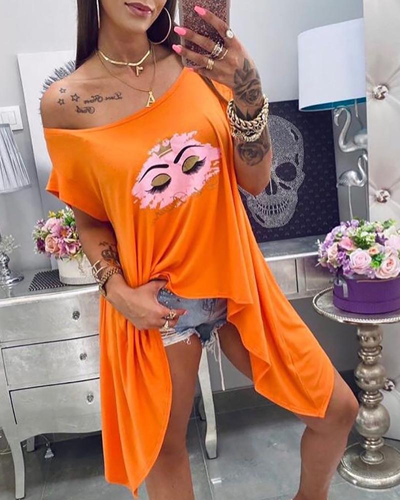 

Eyes Print Short Sleeve Irregular Casual T-shirt, Orange