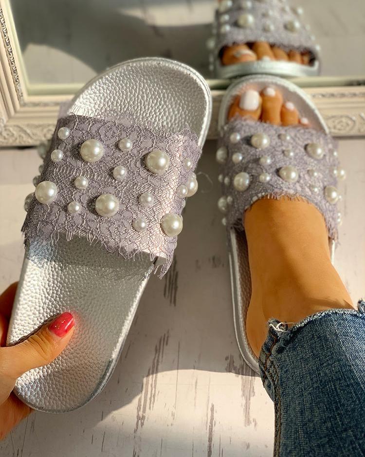 

Beaded Detail Eyelash Lace Flat Sandals, Silver