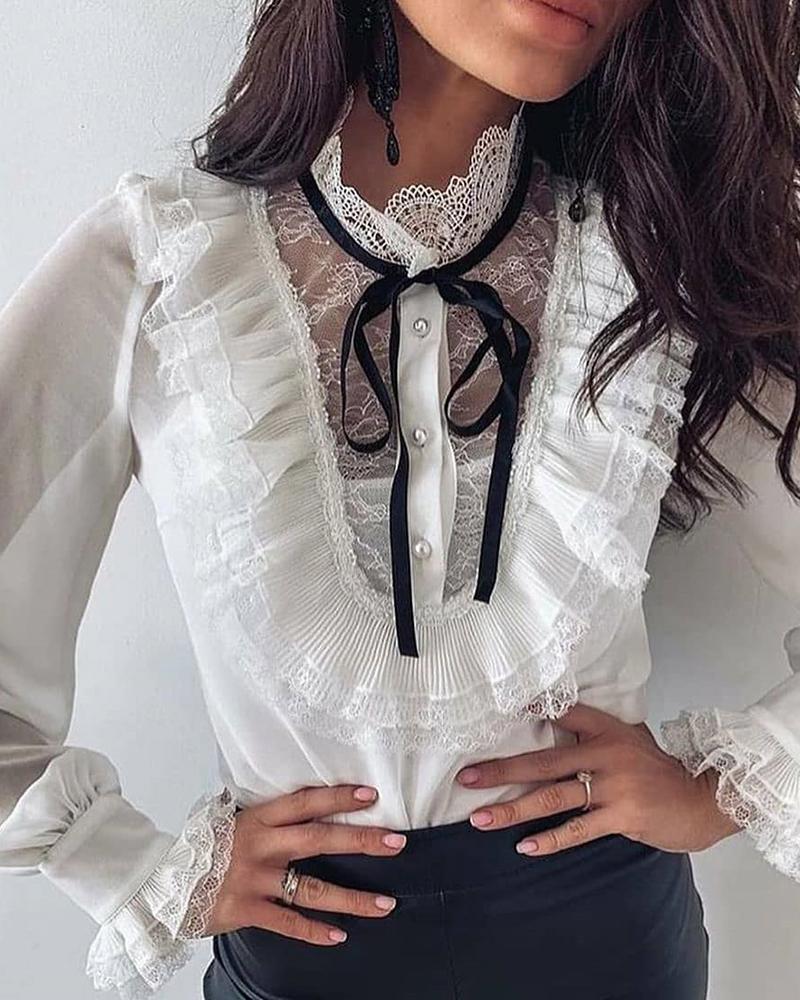 

Tied Neck Lace Insert Ruffles Bell Cuff Buttoned Blouse, White