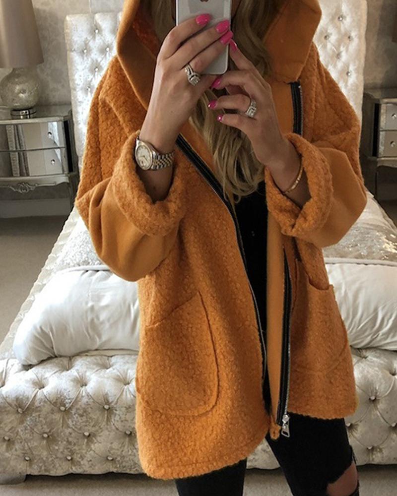 

Hooded Zip Front Casual Coat, Yellow