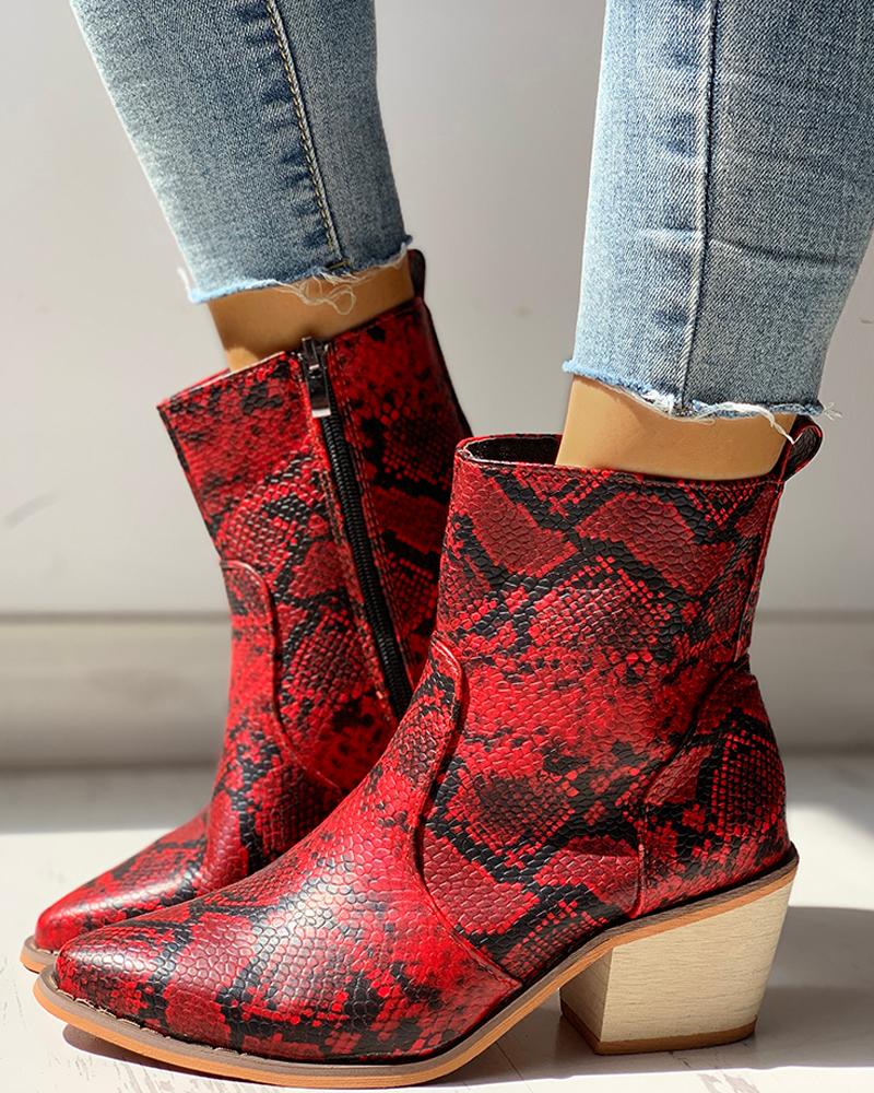 

Pointed Toe Snakeskin Zipper Design Chunky Heeled PU Boots, Red