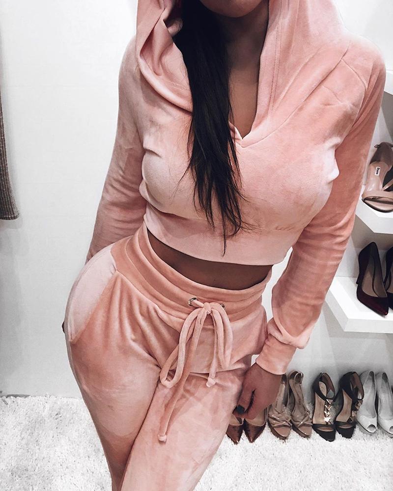 

Solid Hooded Sweatshirt & Drawstring Pants Sets, Pink