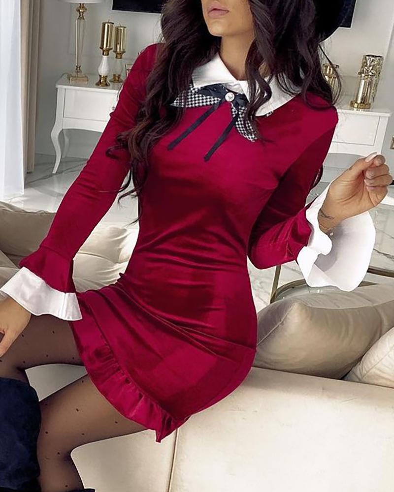 

Bell Sleeve Colorblock Ruffles Velvet Dress, Red