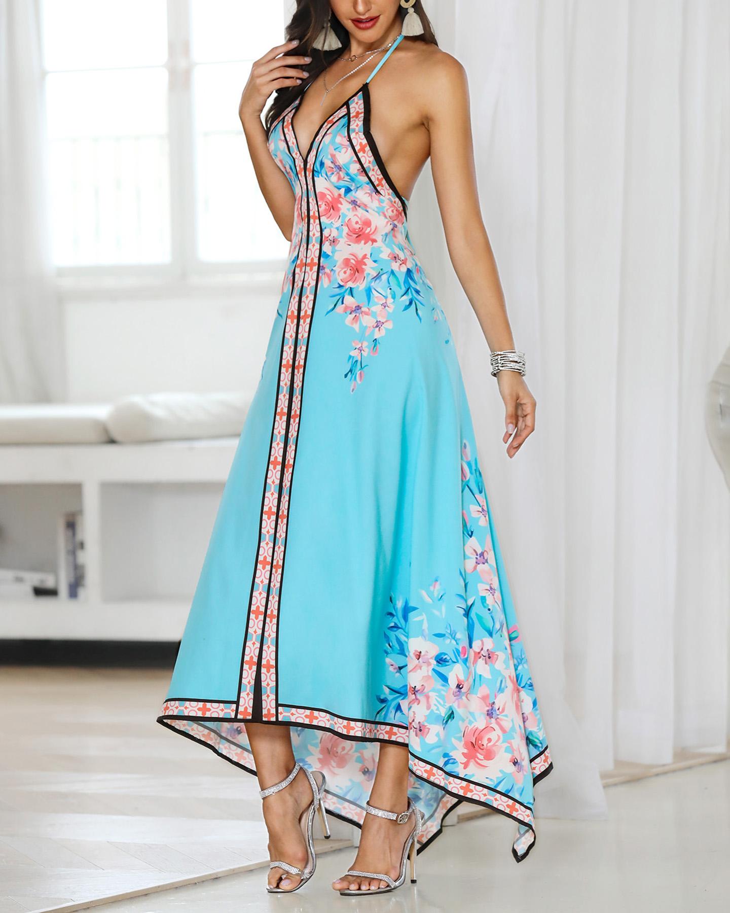 

Floral Print Halter Backless Irregular Maxi Dress, Multicolor