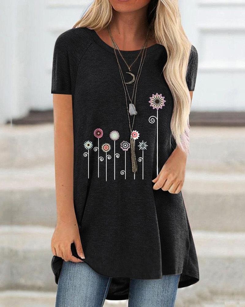 

Floral Print Short Sleeve Casual T-shirt, Black
