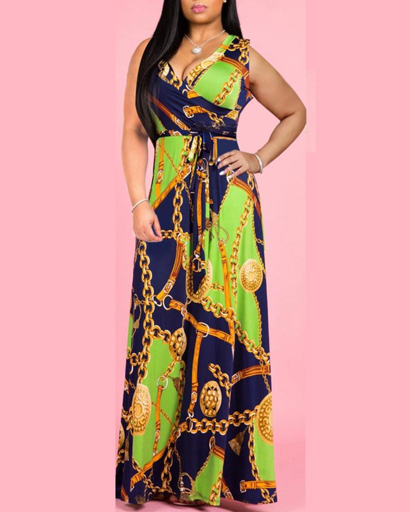 

V Neck Chain Printed Belted Maxi Dress, Green