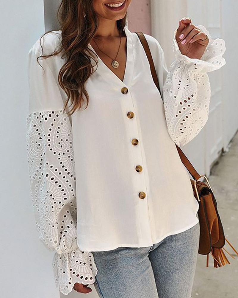 

Lantern Sleeve Eyelet Embroidery Blouse, White