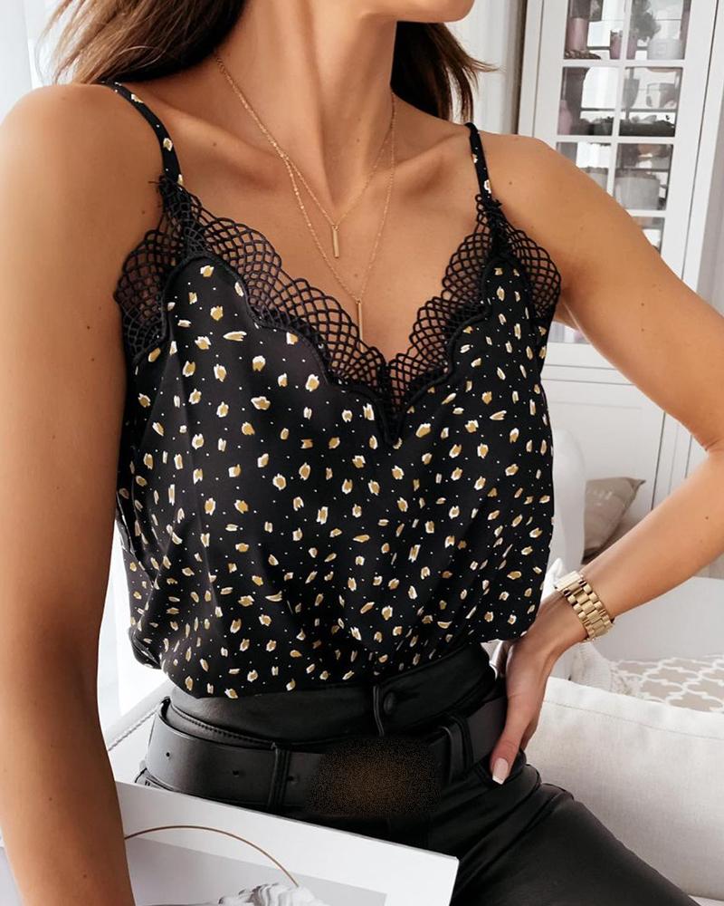 

Colorblock Lace Trim Spaghetti Strap Top, Black
