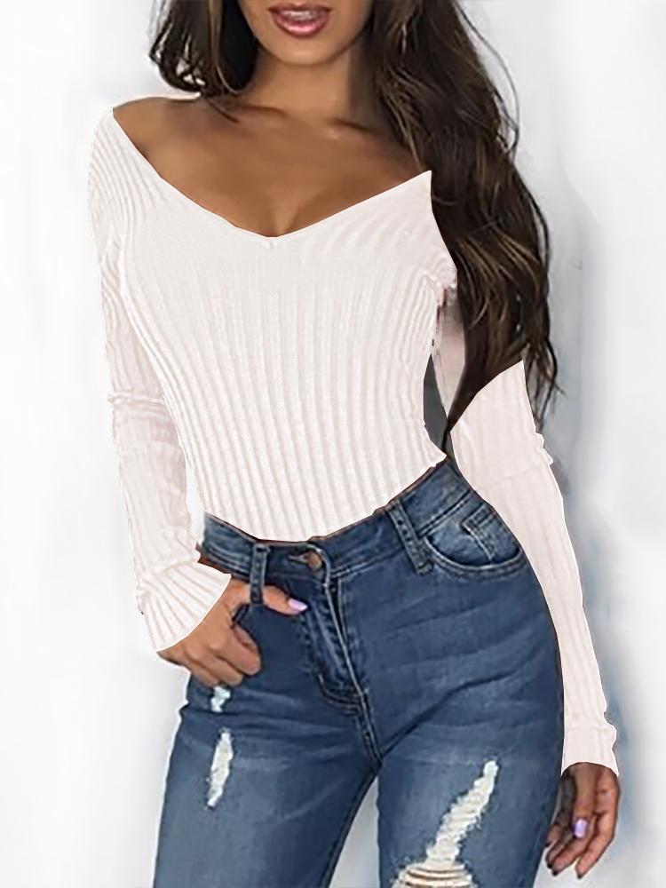 

Solid Double V-Neck Long Sleeve Bodysuit, White