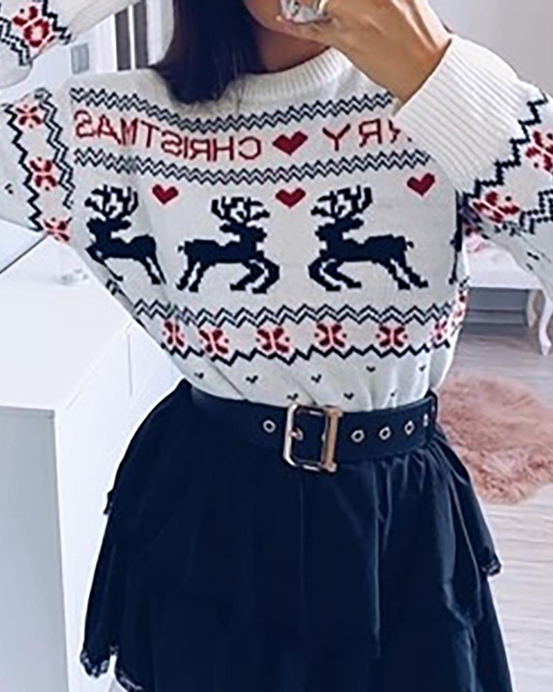 

Christmas Heart Moose Print Casual Knit Sweater, White
