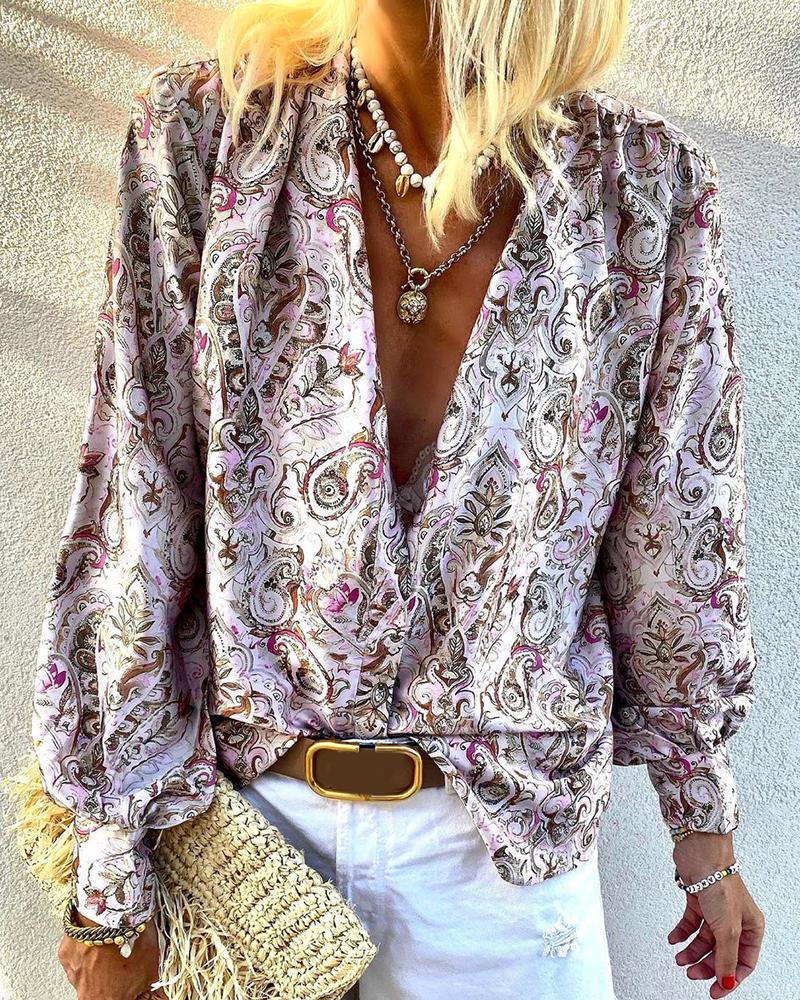 

Graphic Print Lantern Sleeve Buttoned Shirt, Pink