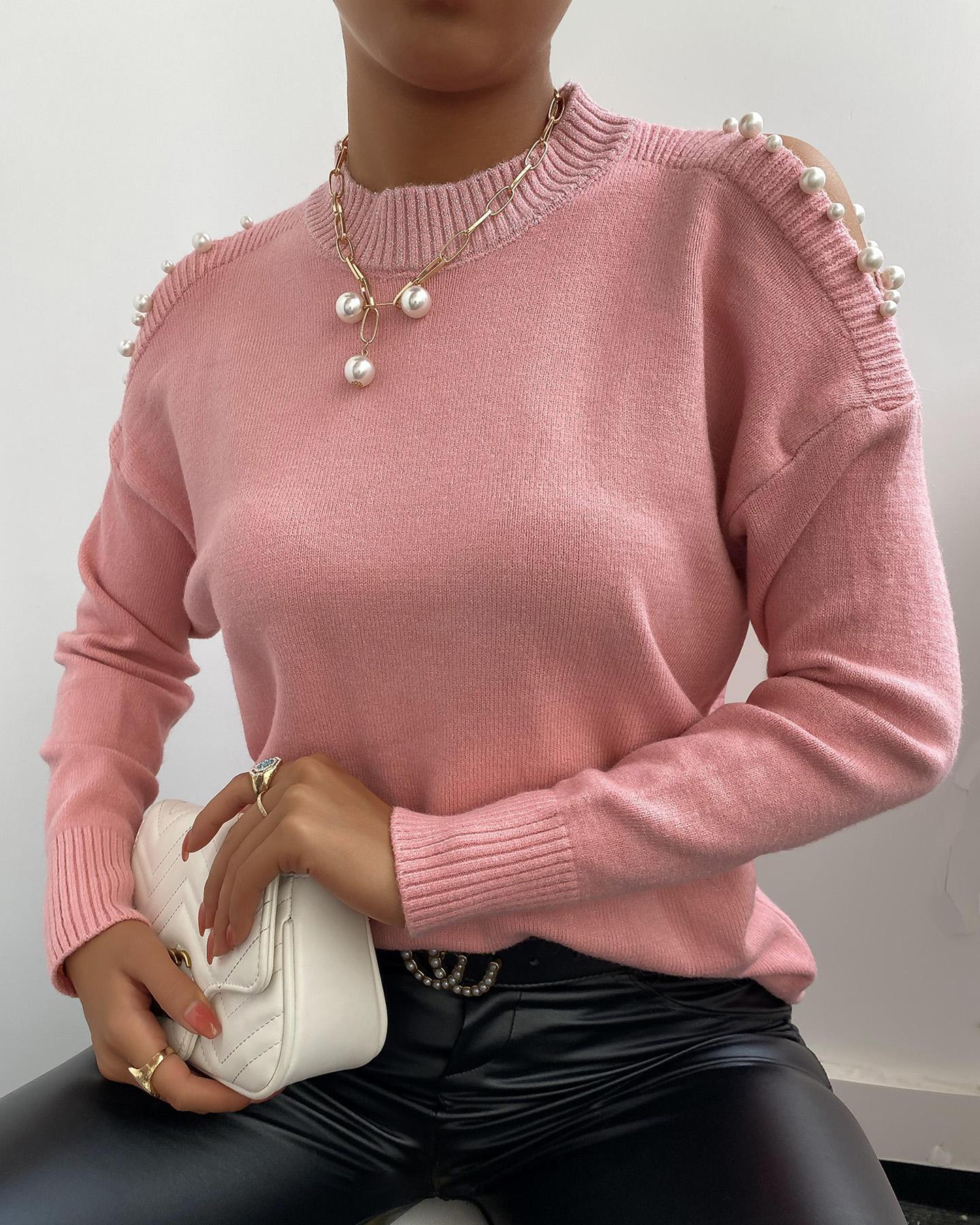 

Cold Shoulder Beaded Knit Sweater, Pink