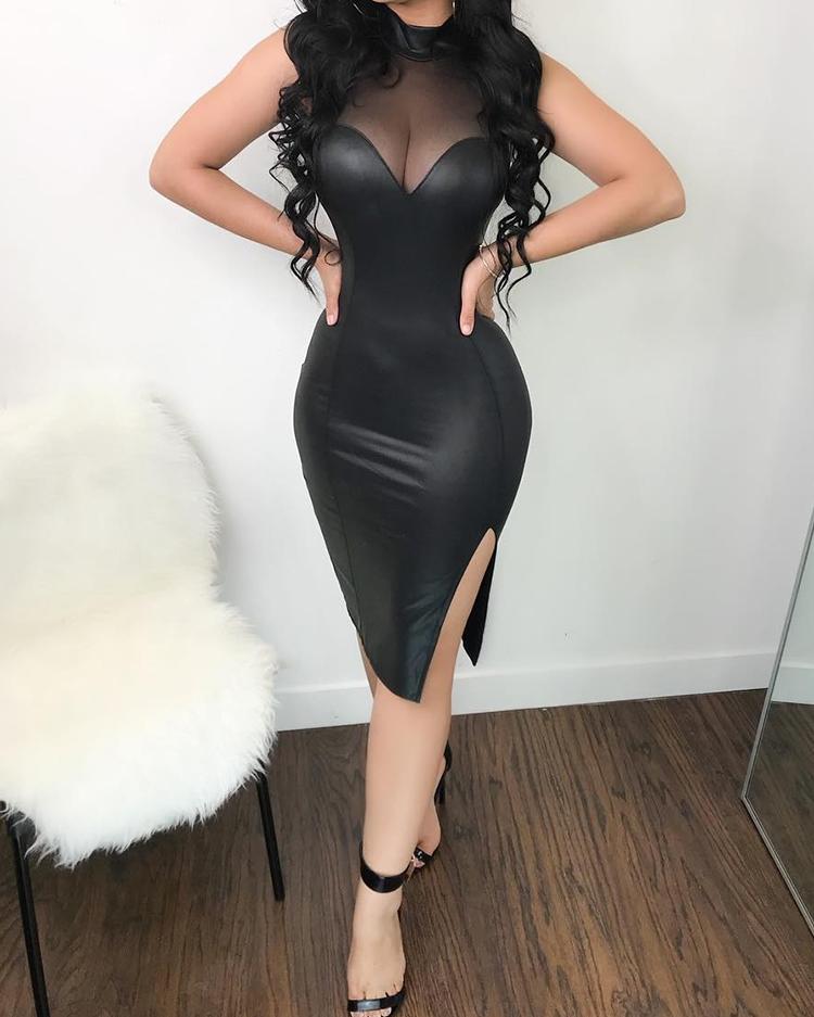 

Sheer Mesh Patchwork PU Midi Dress, Black