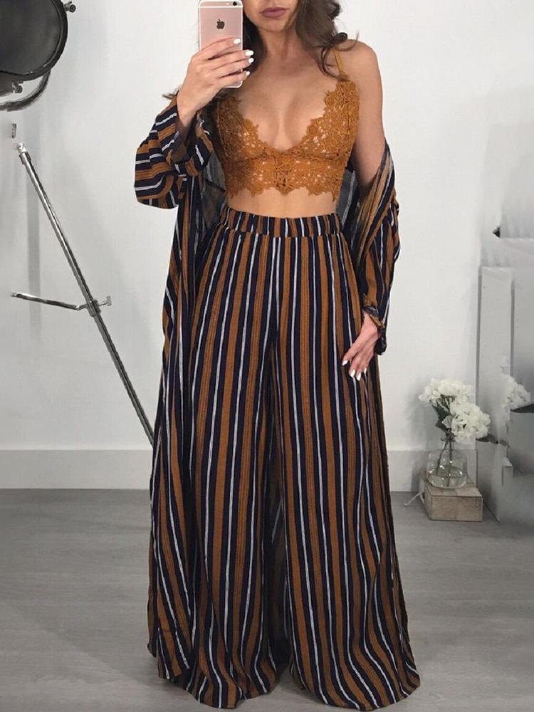 

Stripes Long Coat & Wide Leg Pants Sets