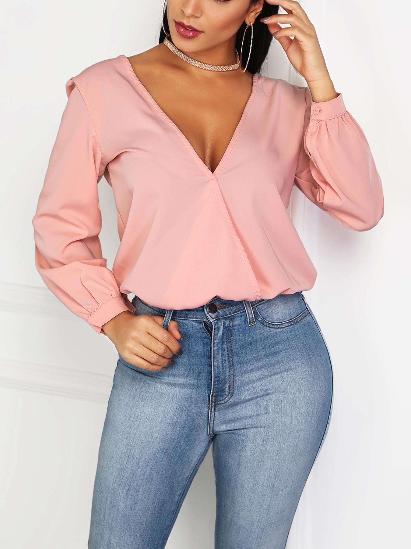 

V-Neck Tied Open Back Casual Blouse, Pink