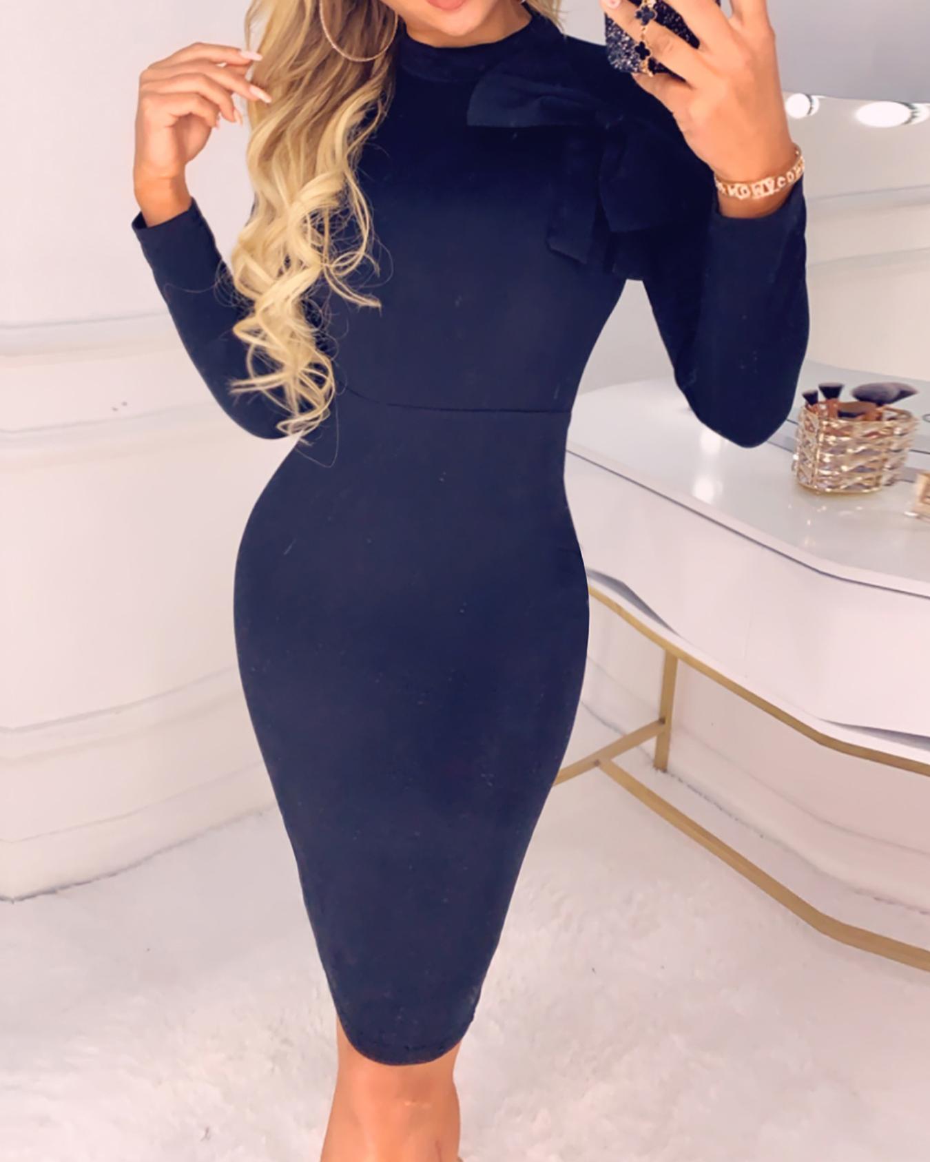 

Bow Decorate Long Sleeve Midi Dress, Black