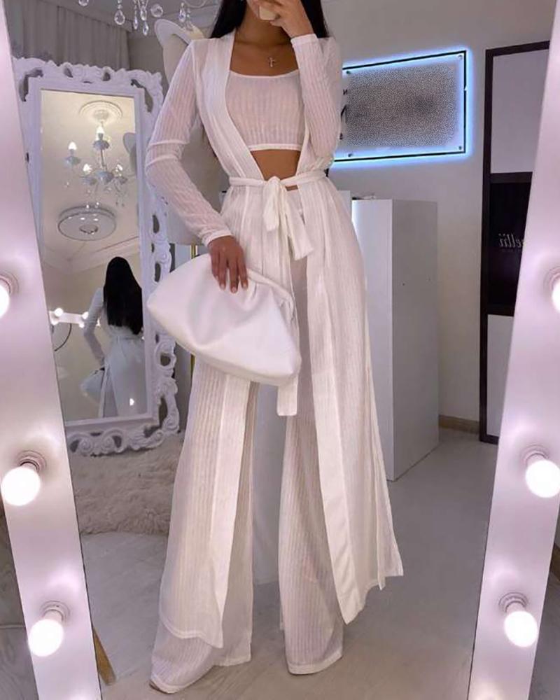 

Plain Crop Top & High Waist Wide Leg Pants & Longline Coat Set, White