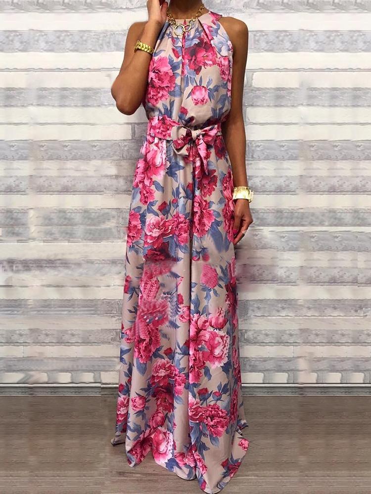 

Floral Print Sleeveless Belted Maxi Dress, Hot pink
