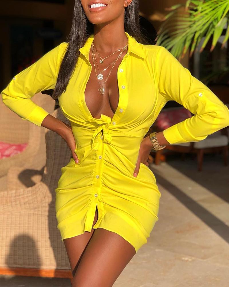 

Solid Ruched Long Sleeve Shirt Dress, Yellow