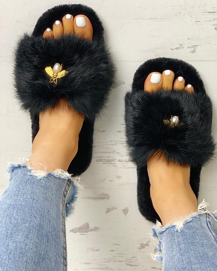 

Fluffy Metallic Embellished Open Toe Slippers, Black