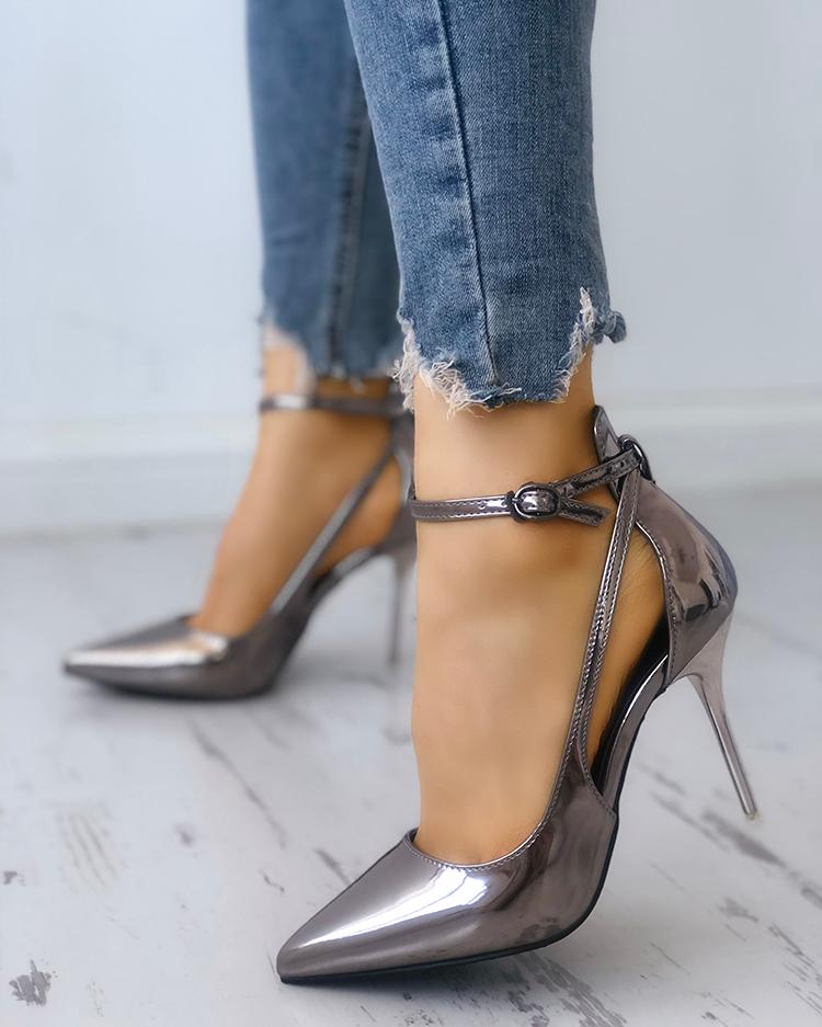 

Solid Color Buckle Cutout Pointed Toe Heels, Gray