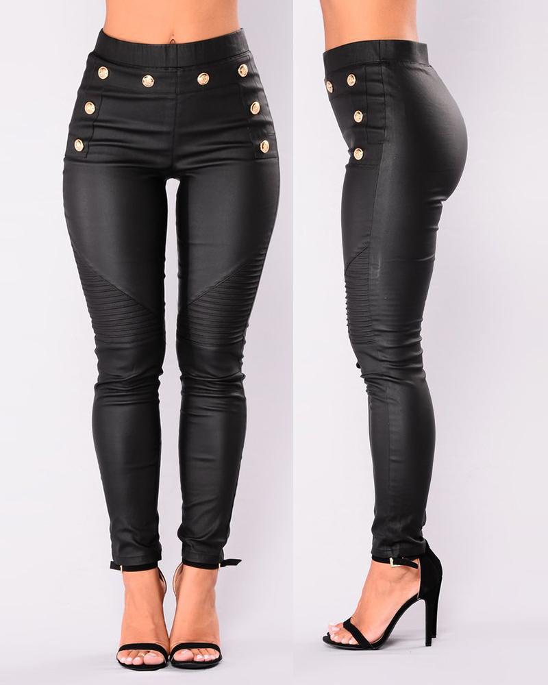 

Pu Leather Buttoned High Waist Skinny Pants, Black