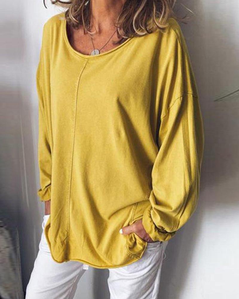 

Solid Color Loose Sleeve Pullover Tops, Yellow